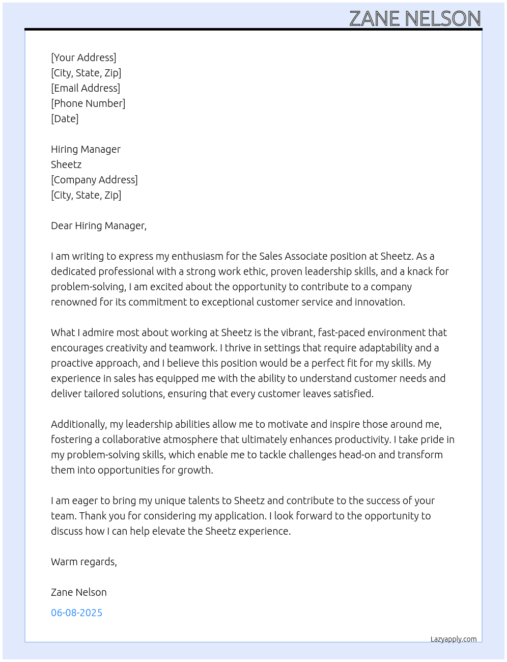 Sales Associate At Sheetz Cover Letter