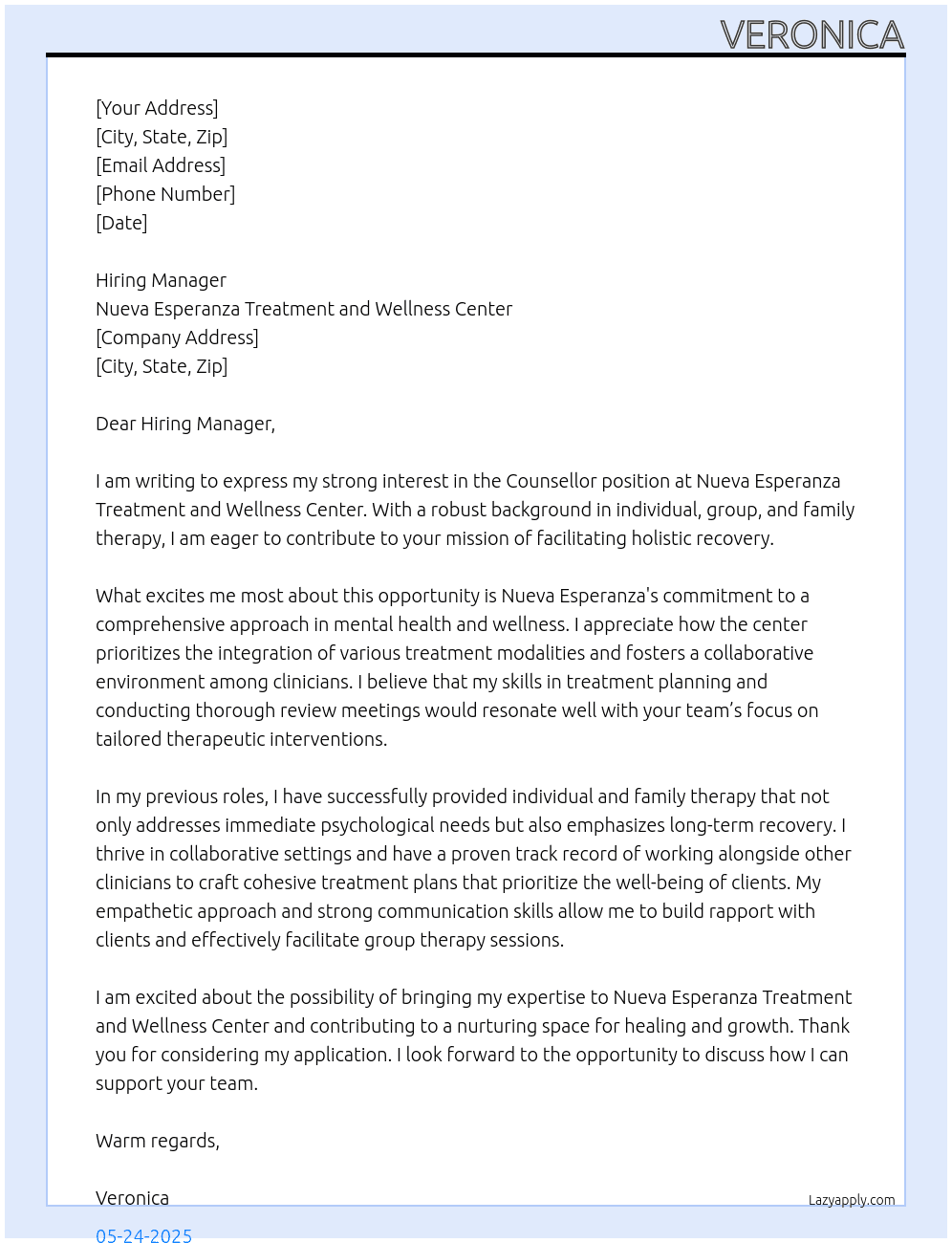 Counsellor At Nueva Esperanza Treatmen and Wellness Cennter Cover Letter
