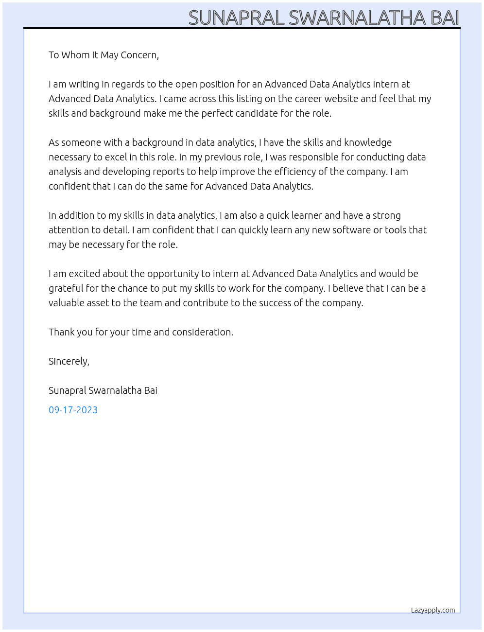 Advanced Data Analytics Intern At Advanced Data Analytics Cover Letter