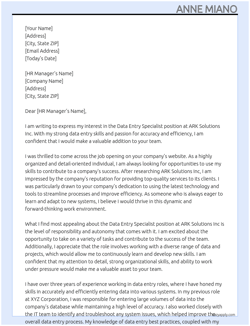 Data Entry Specialist At ARK Solutions Inc Cover Letter