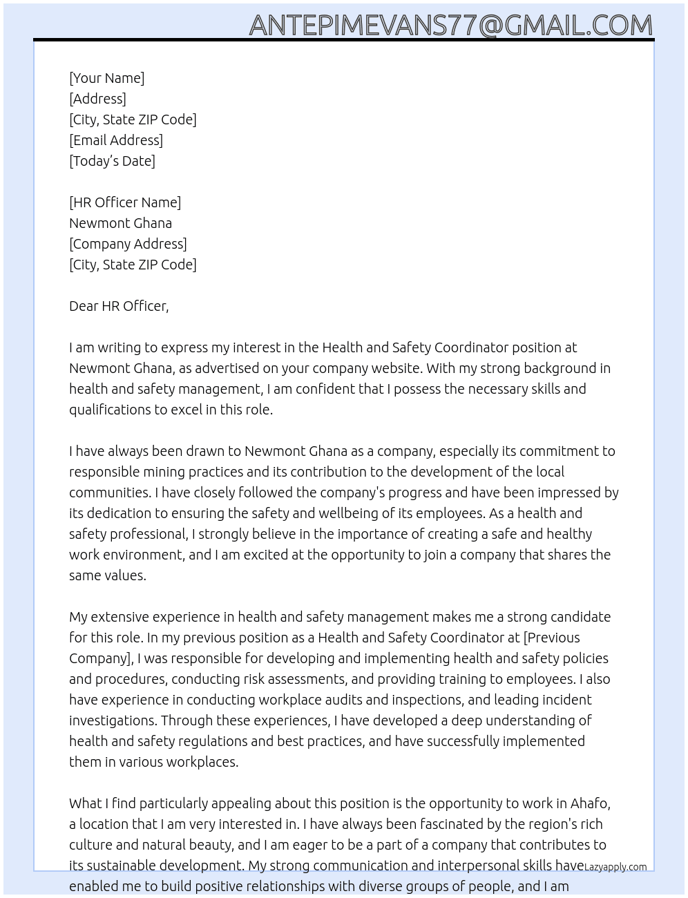 Health and safety Cordinator  At Newmont Ghana  Cover Letter