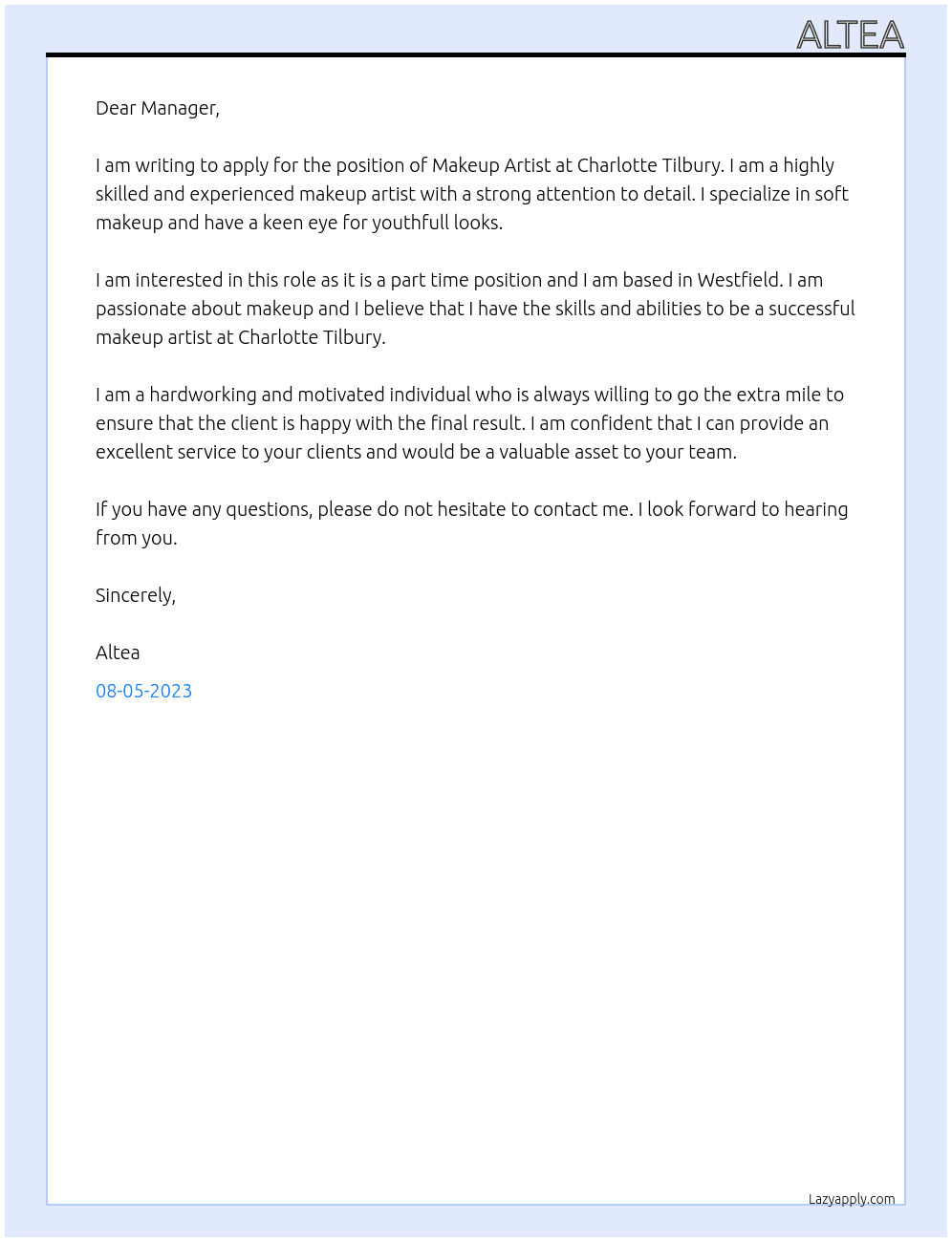Makeup artist At Charlotte Tilbury Cover Letter