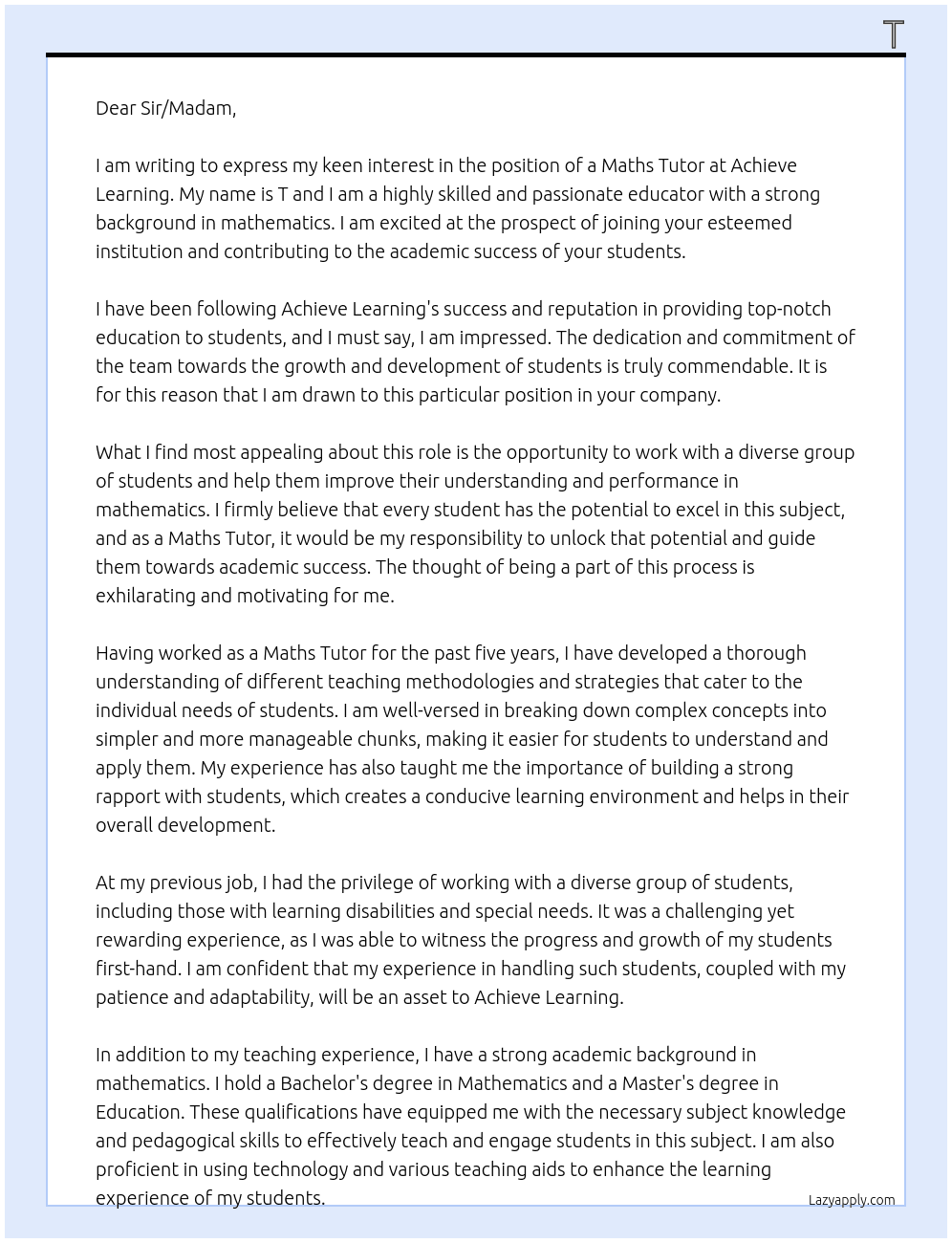 maths tutor At Achieve Learning Cover Letter