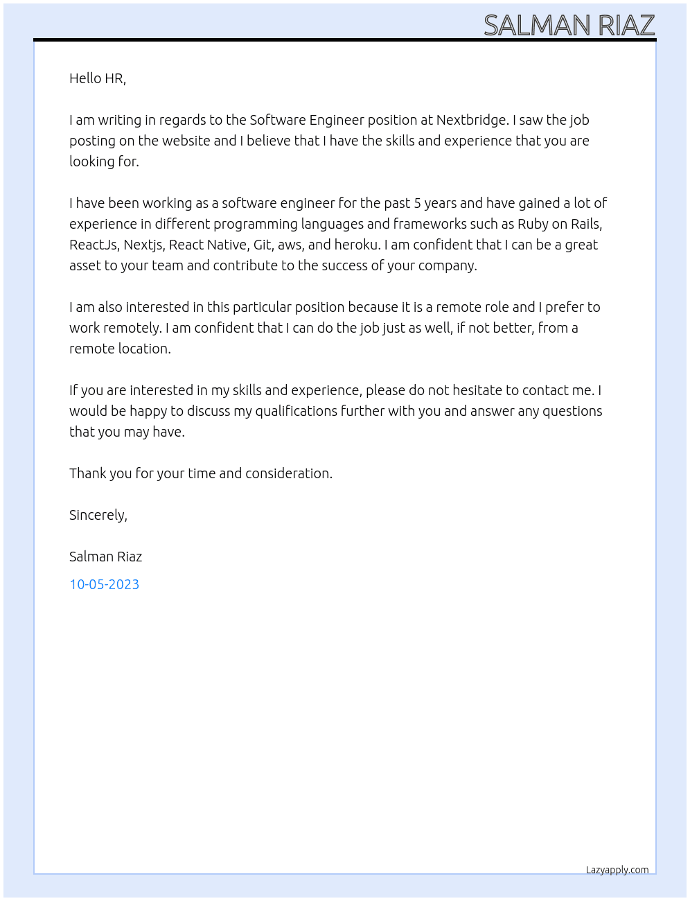 Software Engineer  At Nextbridge Cover Letter