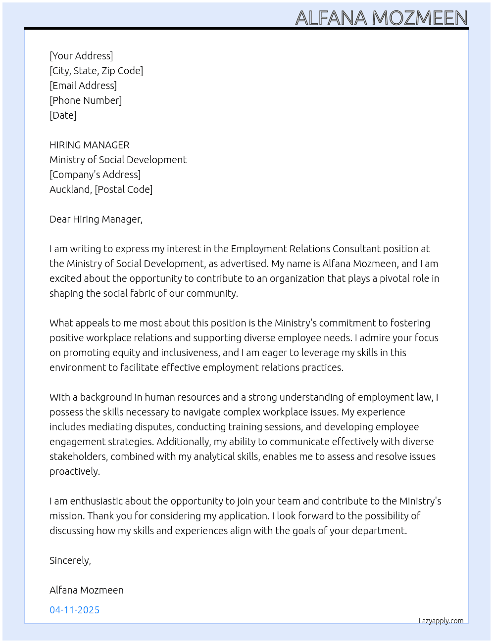 Cover letter for employment relations consultant - auckland - LazyApply