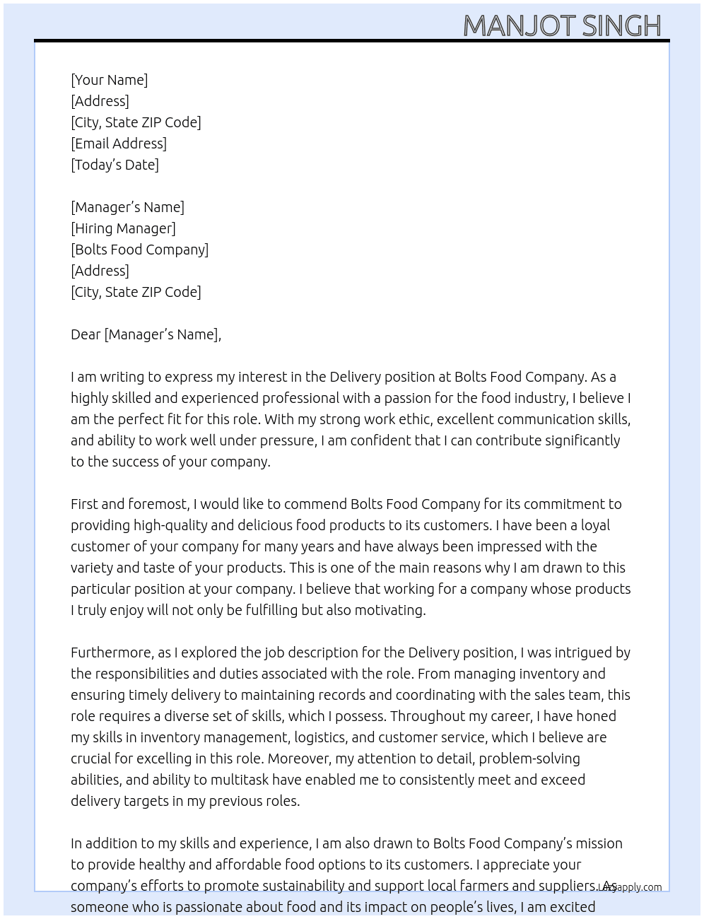 Delivery  At Bolts food company  Cover Letter