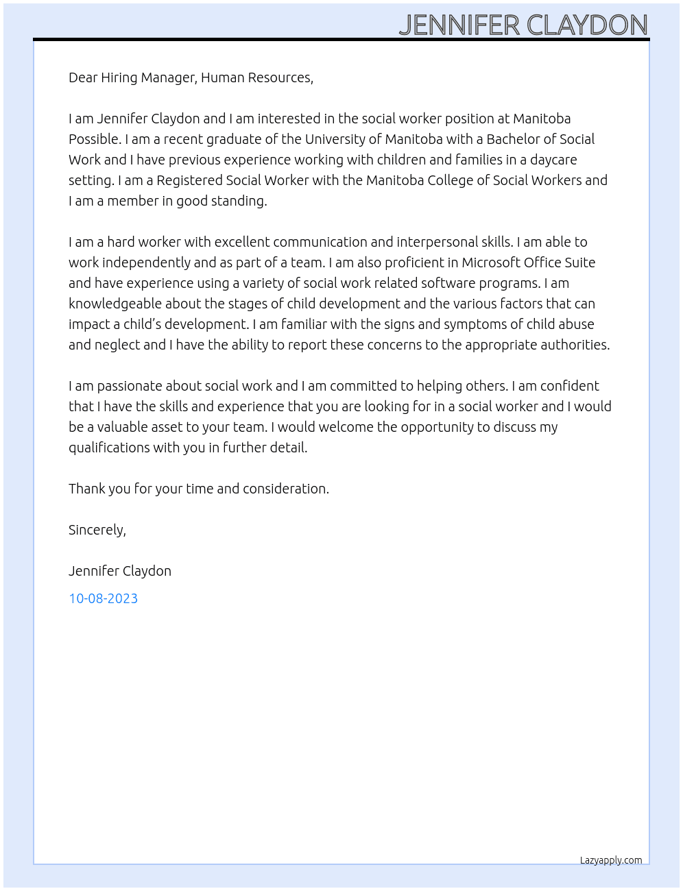 social worker At Manitoba Possible  Cover Letter