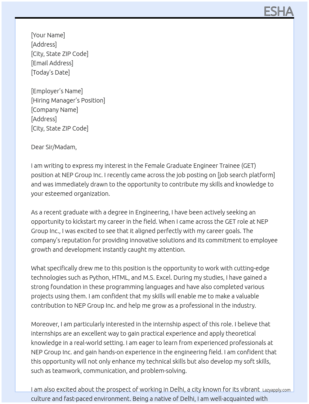  Female Graduate Engineer Trainee (GET) At NEP Group Inc. Cover Letter