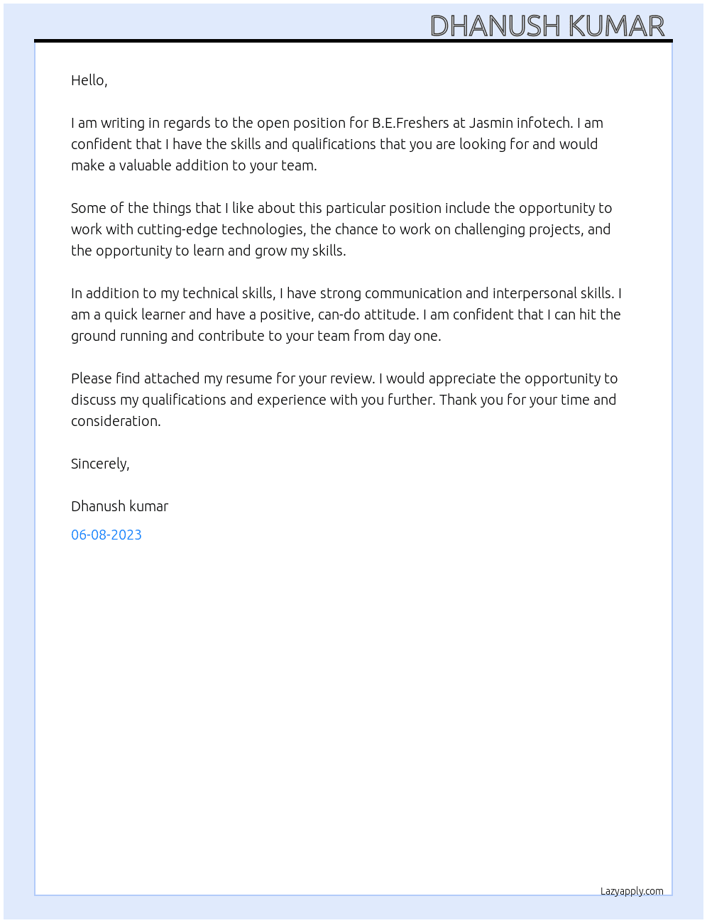B.E.Freshers At Jasmin infotech  Cover Letter