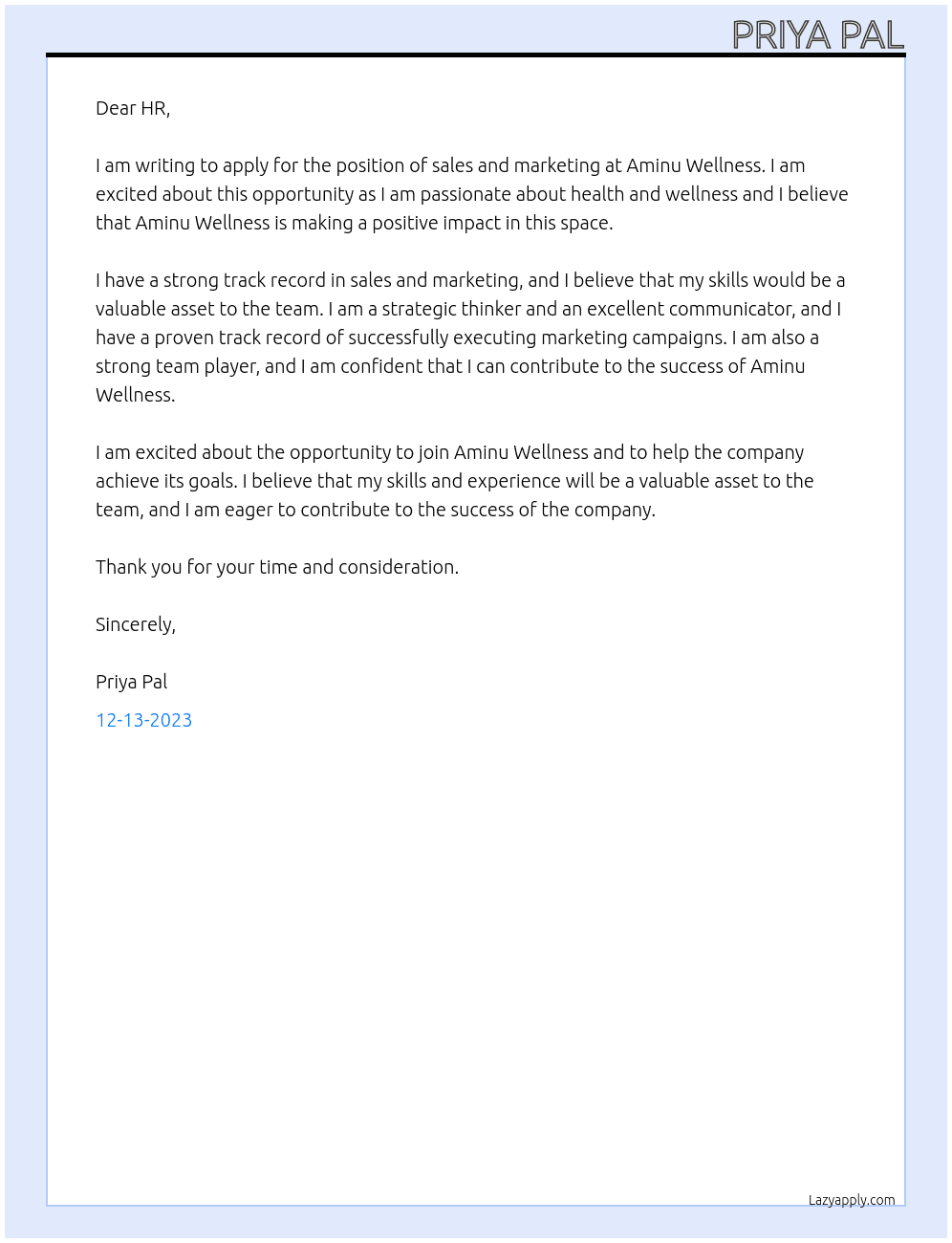 sales and marketing At Aminu Wellness Cover Letter