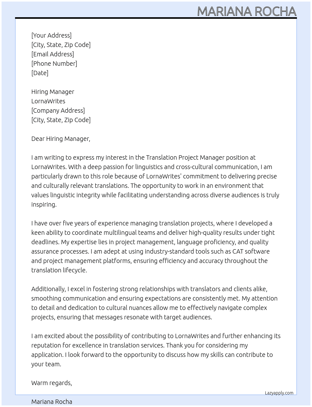 Translation Project Manager At lornawrites Cover Letter