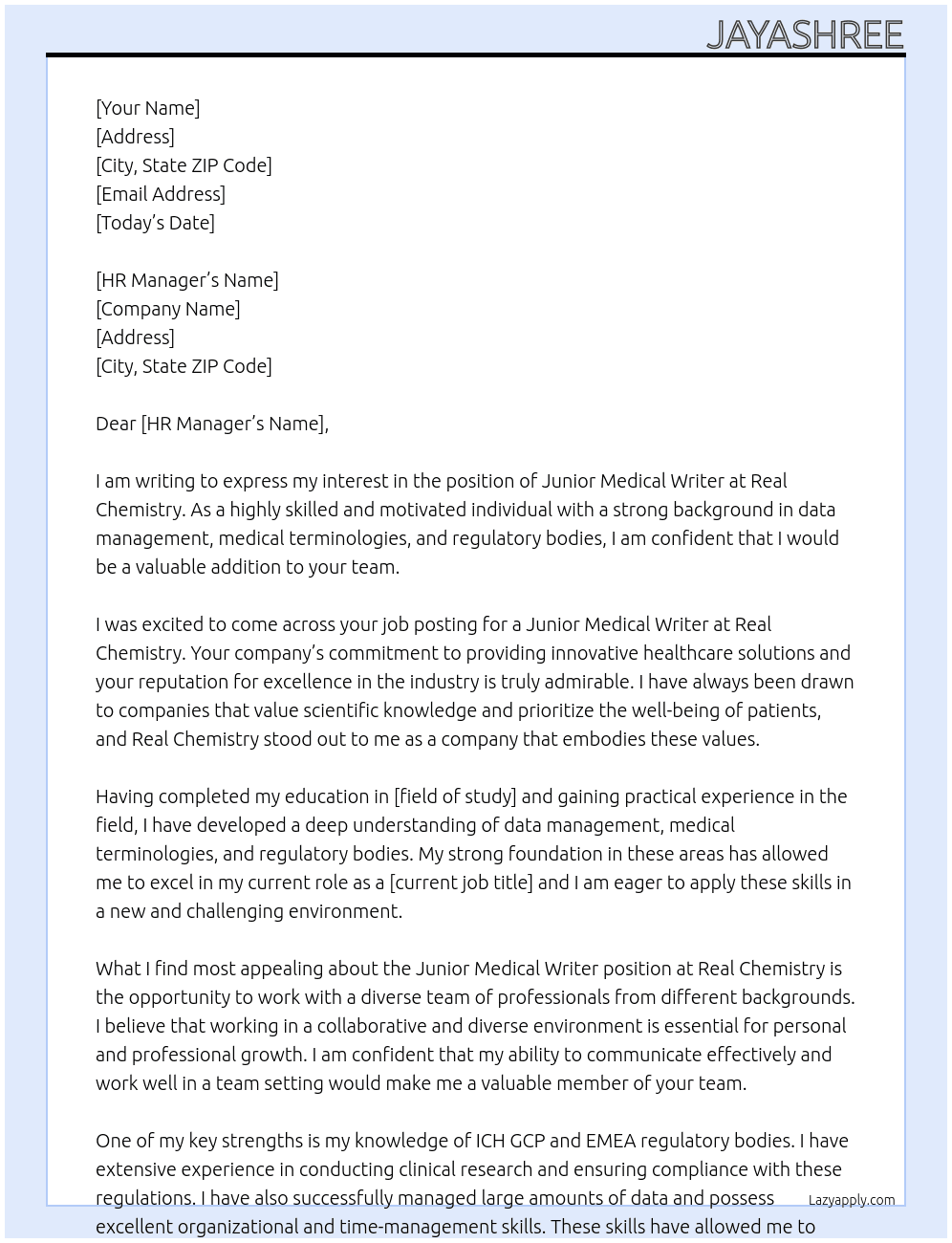 Junior medical writer At Real Chemistry Cover Letter