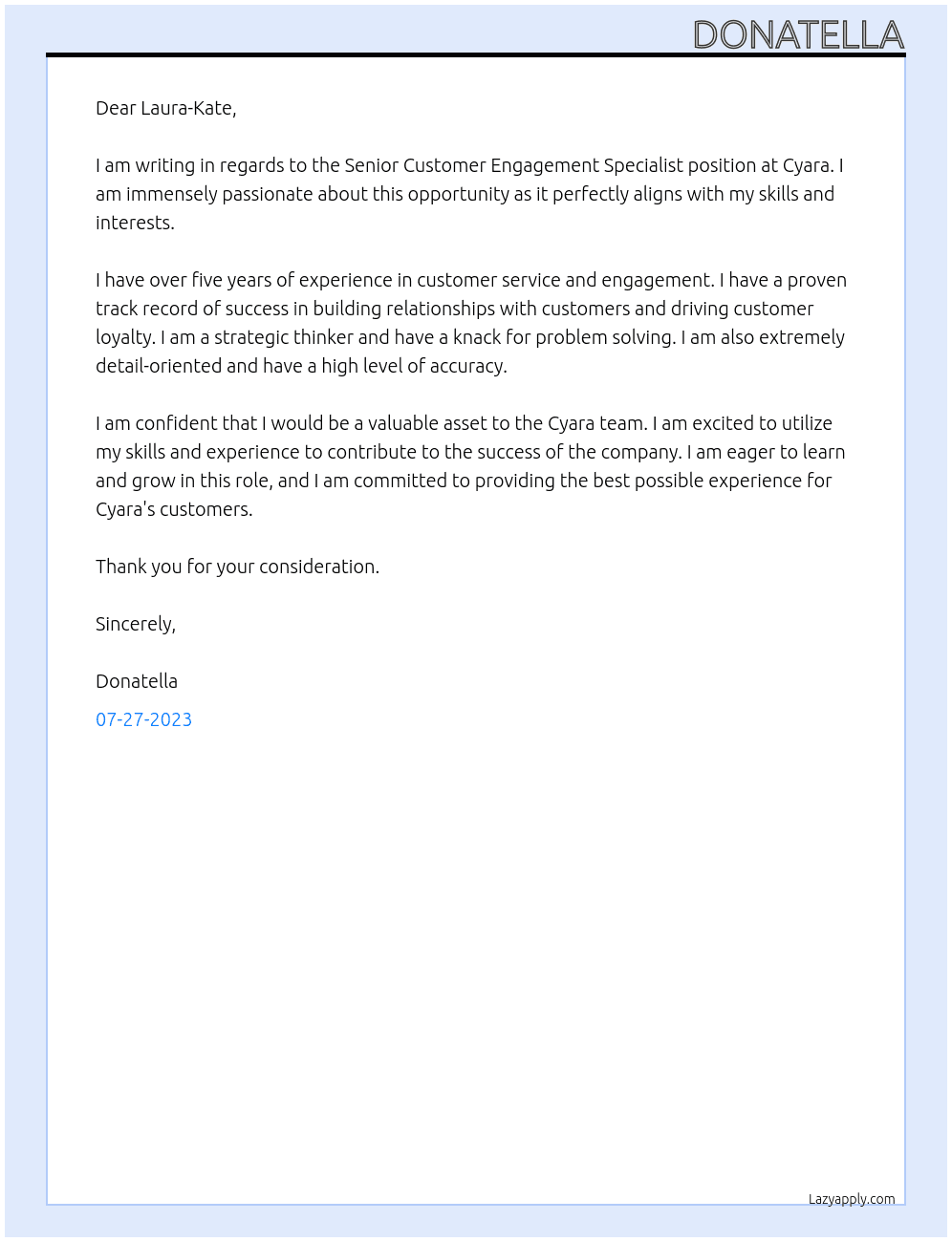 Senior Customer Engagement Specialist At Cyara Cover Letter