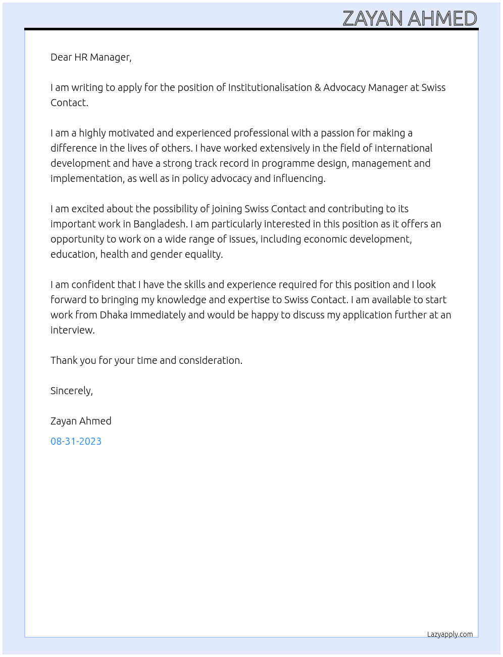 Institutionalisation & Advocacy Manager At Swiss Contact Cover Letter