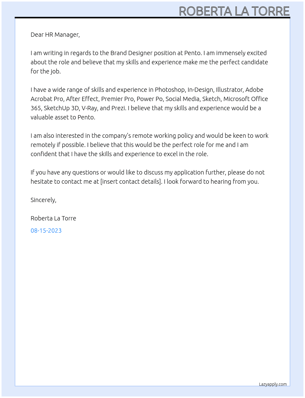 Brand Designer At Pento Cover Letter