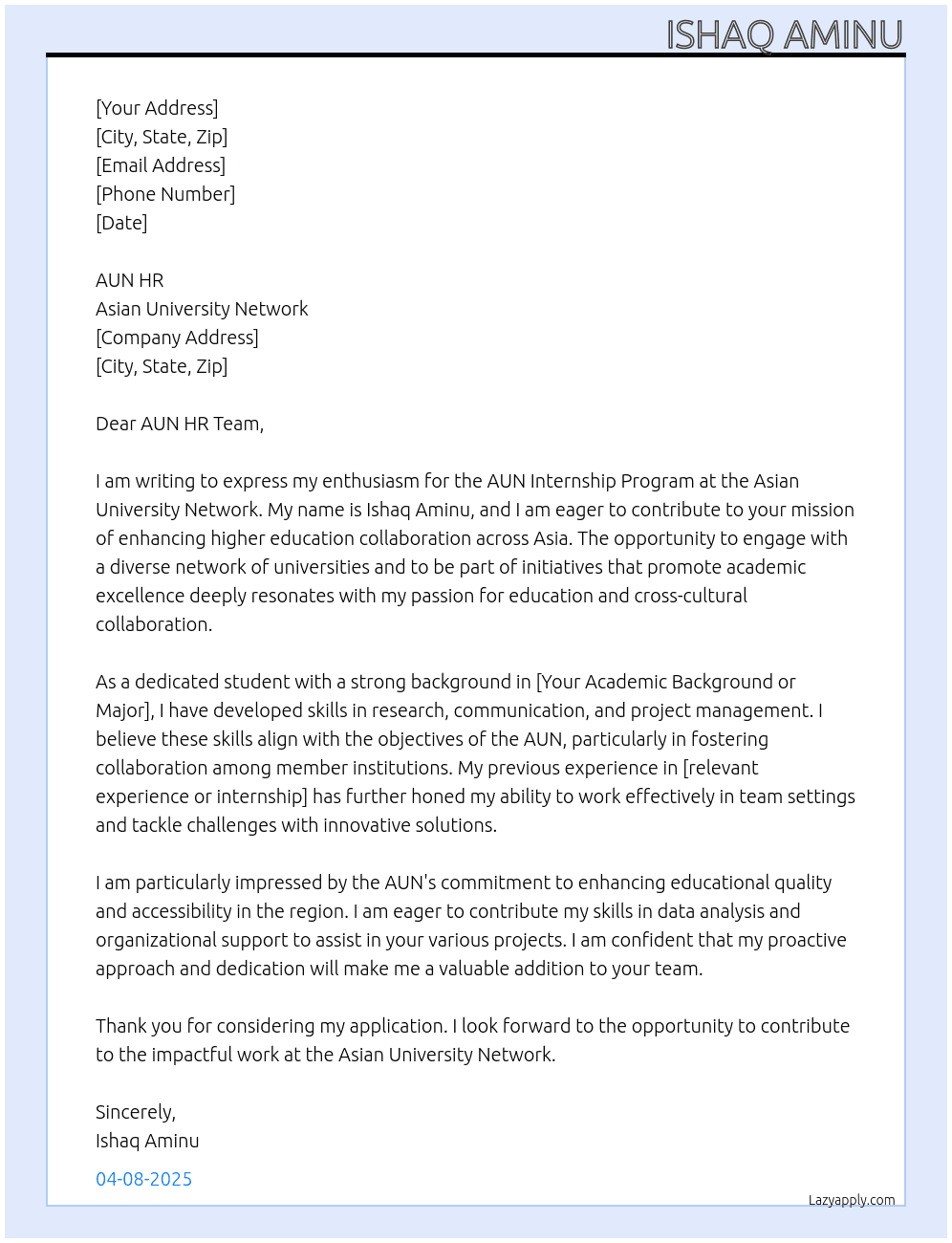 Cover letter for aun internahip program - LazyApply