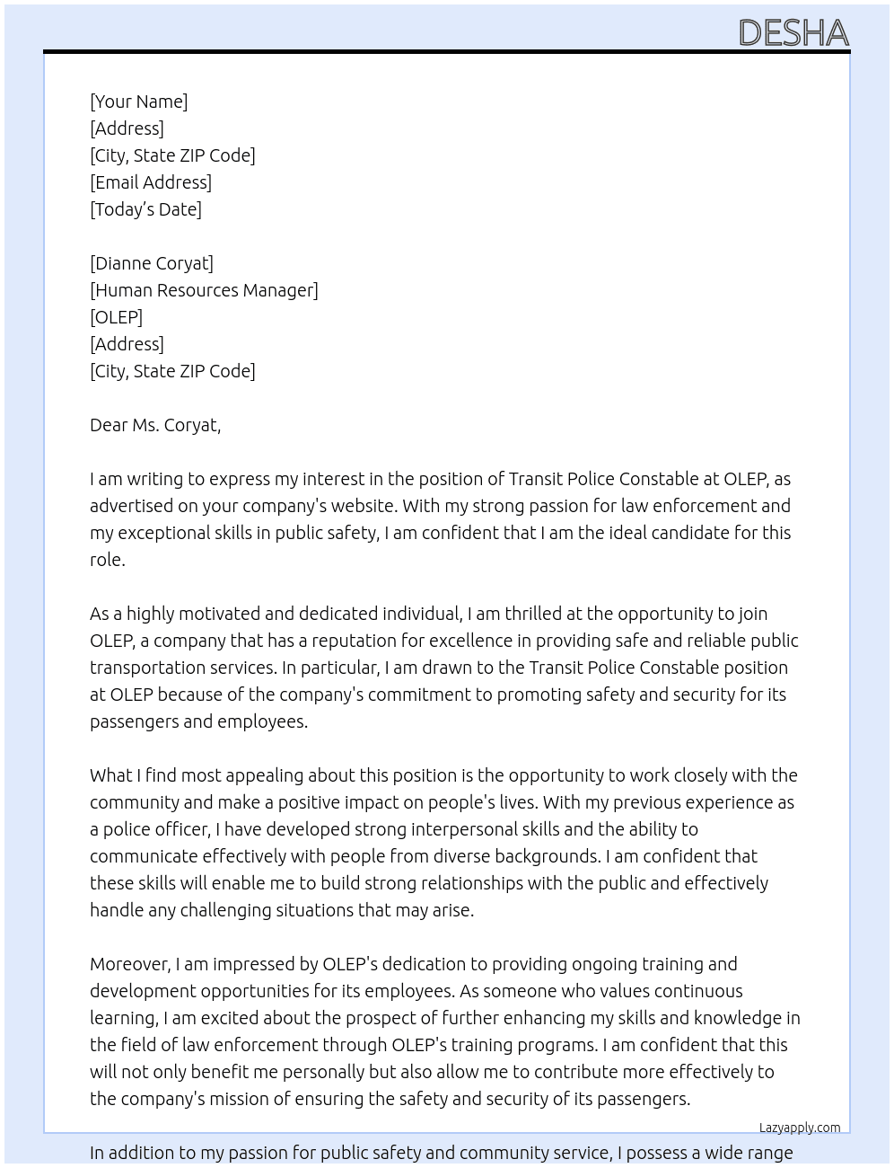 Transit Police Constable At OLEP Cover Letter