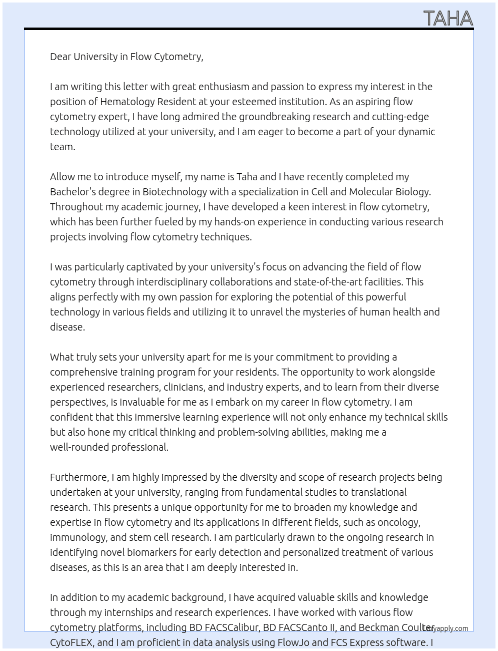 Hematology resident At University in flow cytometry  Cover Letter
