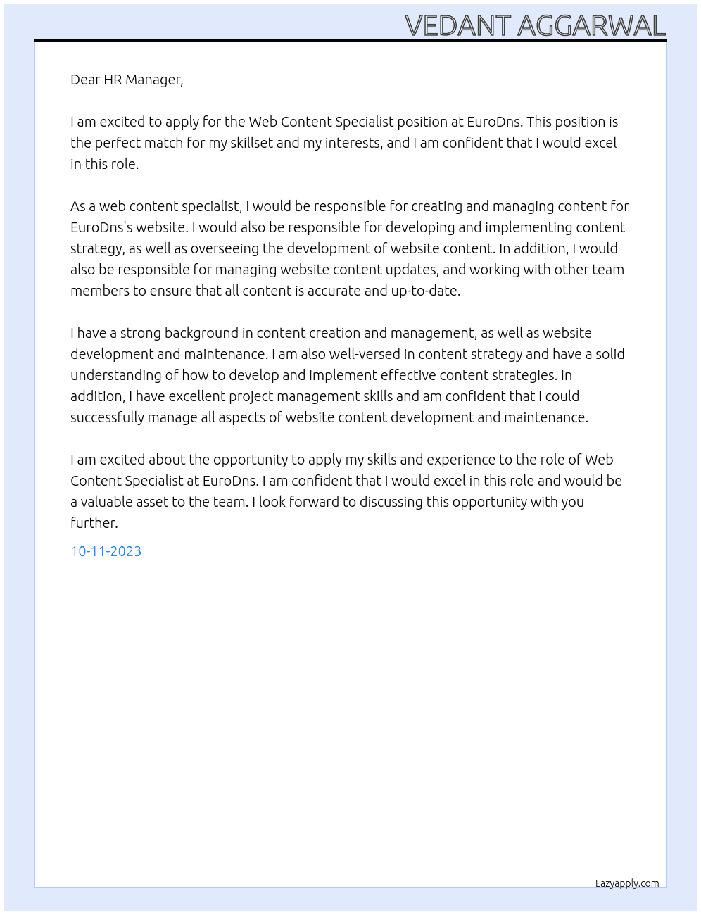 Web Content Specialist At EuroDns Cover Letter