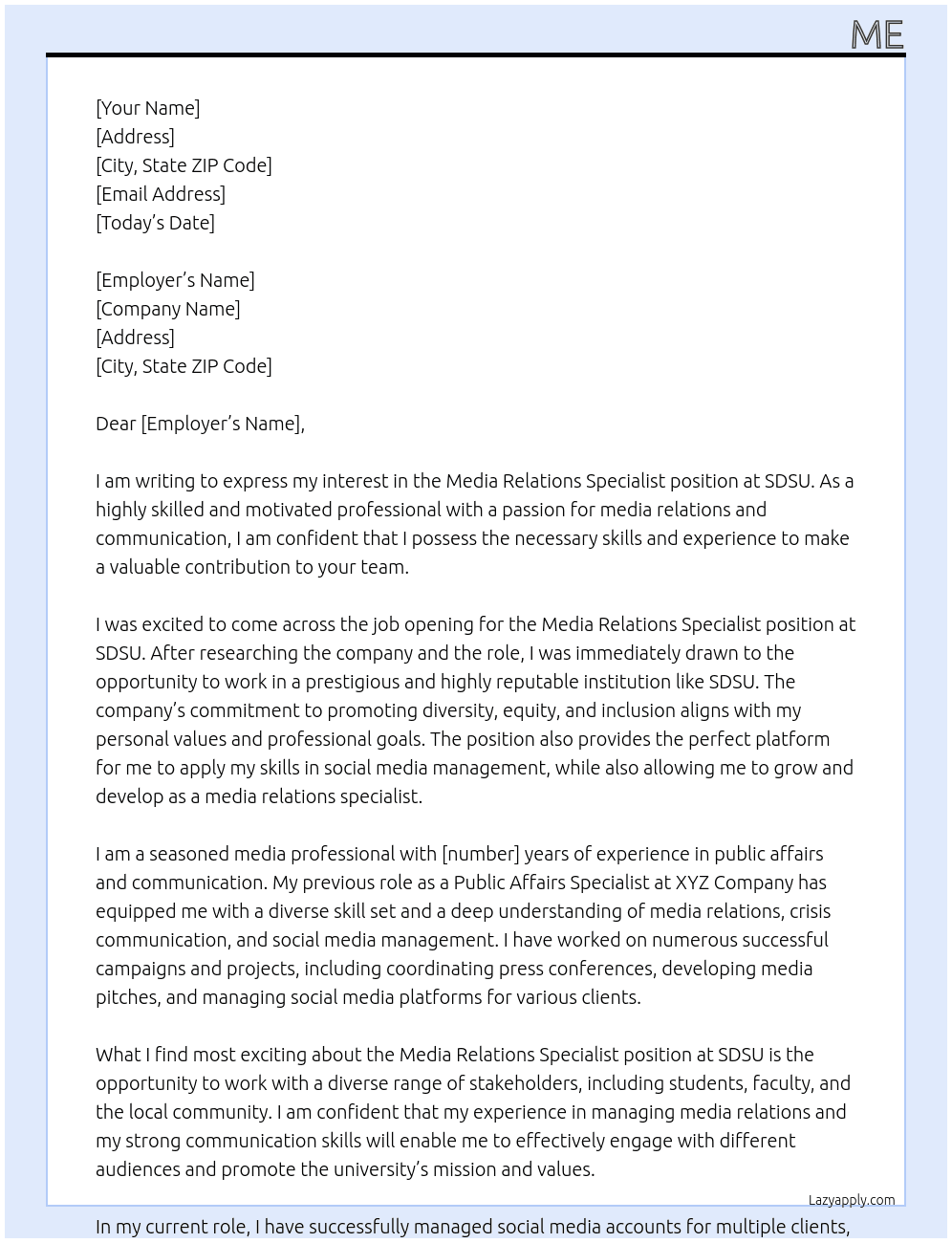 Media Relations Specialist (Public Affairs/Communication Specialist II) At SDSU Cover Letter