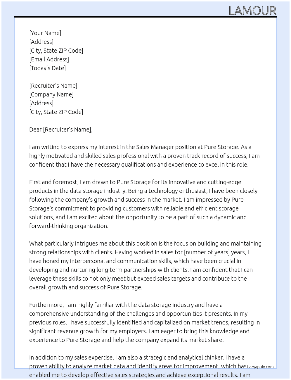Sales Manager  At Pure Storage Cover Letter