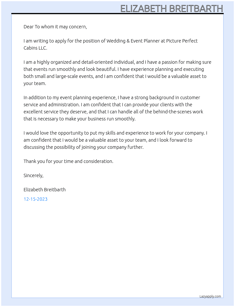 Wedding & Event Planner At Picture Perfect Cabins LLC Cover Letter
