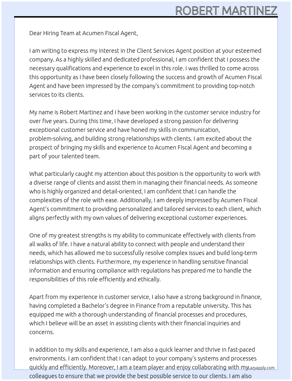 Client Services Agent At Acumen Fiscal Agent Cover Letter