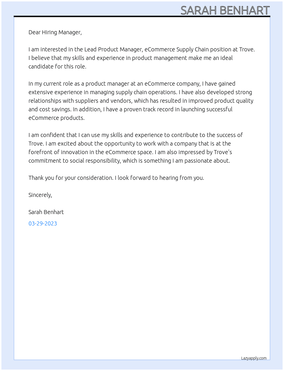 Lead Product Manager, eCommerce Supply Chain At Trove Cover Letter