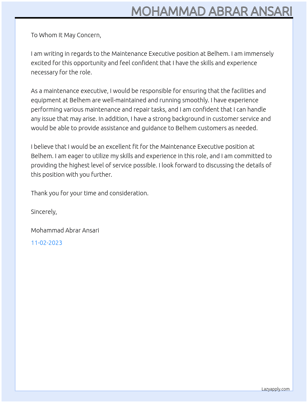 Maintenance Excutive At Belhem Cover Letter