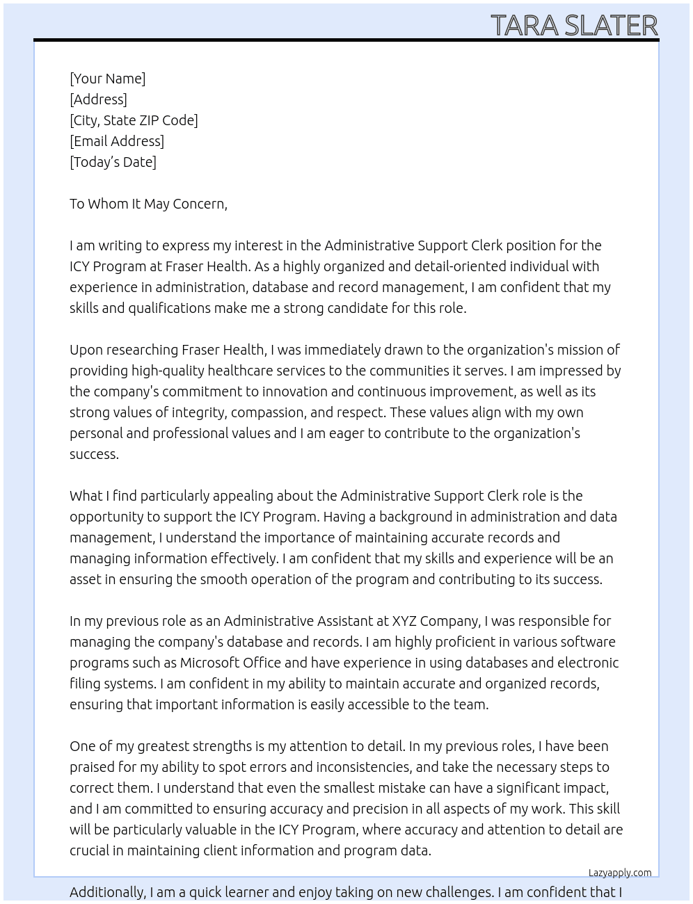 Administrative Support Clerk, ICY Program At Fraser Health Cover Letter