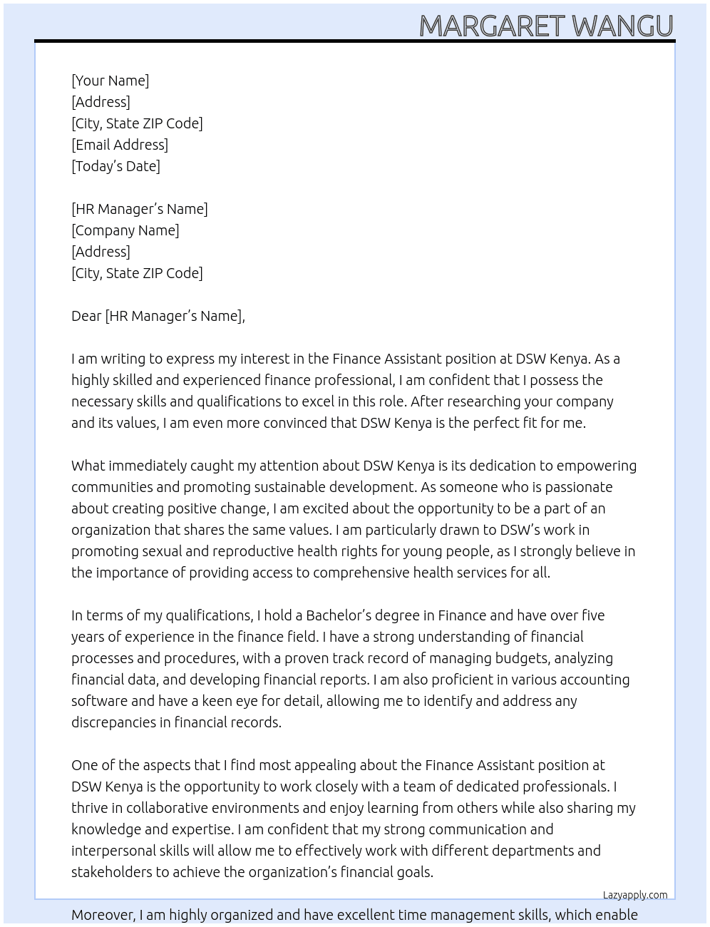 Finance Assistant At DSW Kenya Cover Letter