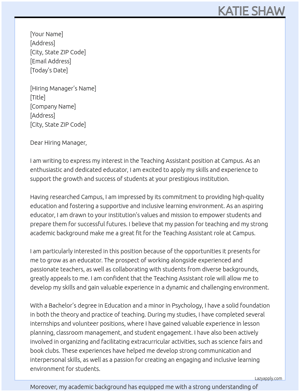 Teaching Assistant At Campus  Cover Letter