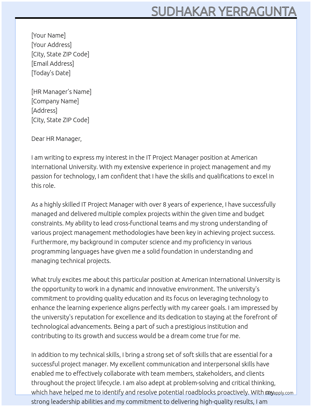 IT Project Manager At American International University Cover Letter