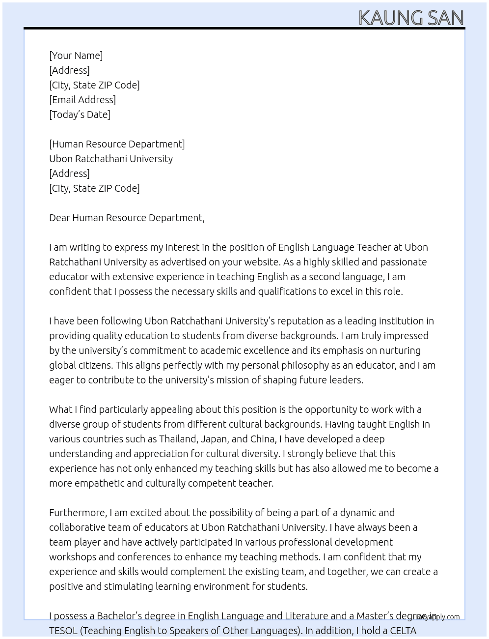 English Language Teacher At Ubon Ratchathani University Cover Letter