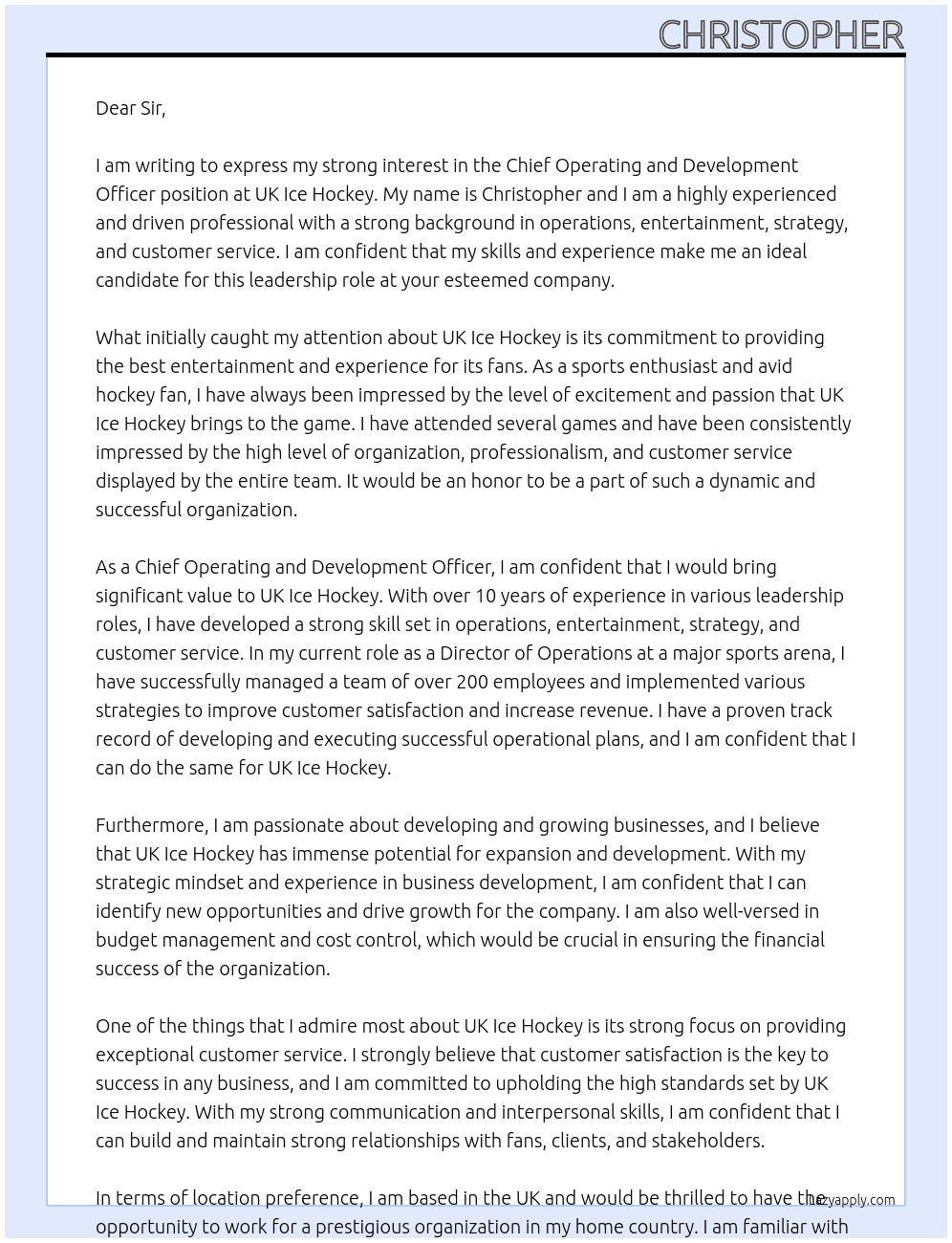Chief Operating & Development Officer At UK Ice Hockey Cover Letter