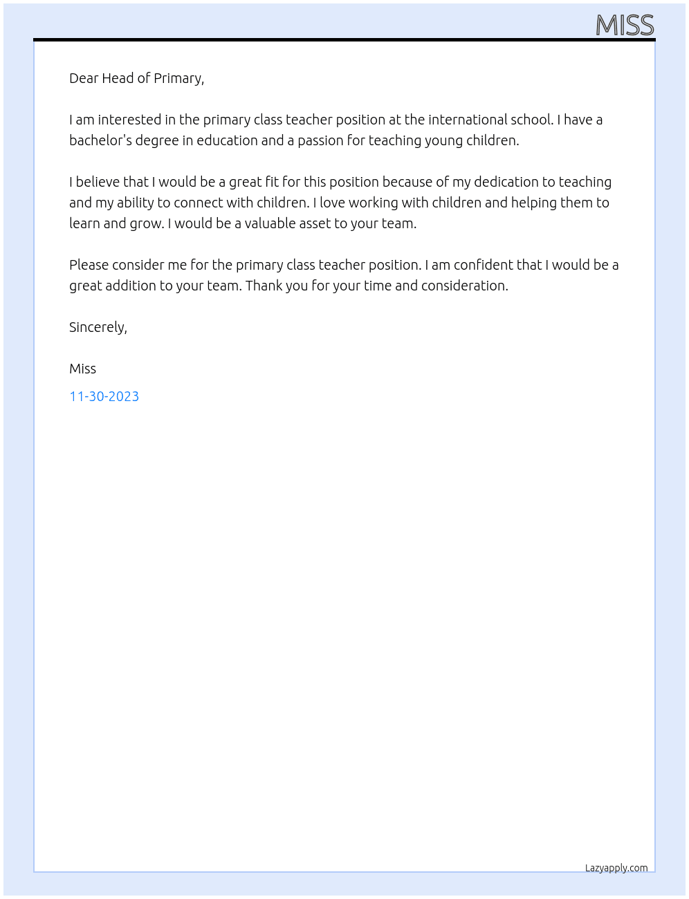 primary class teacher At international school Cover Letter