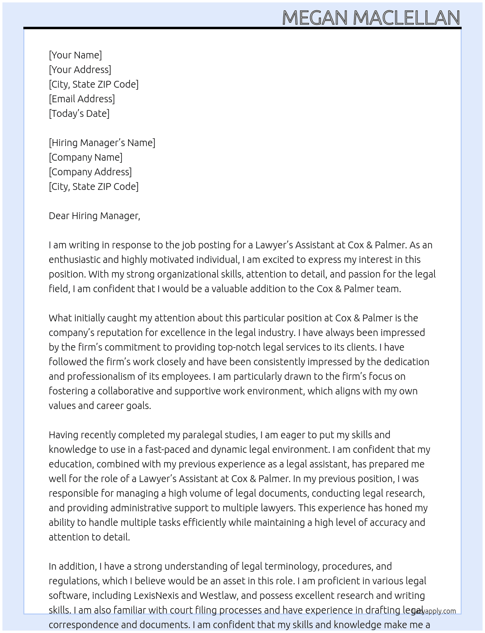 Lawyers Assistant At Cox & Palmer Cover Letter