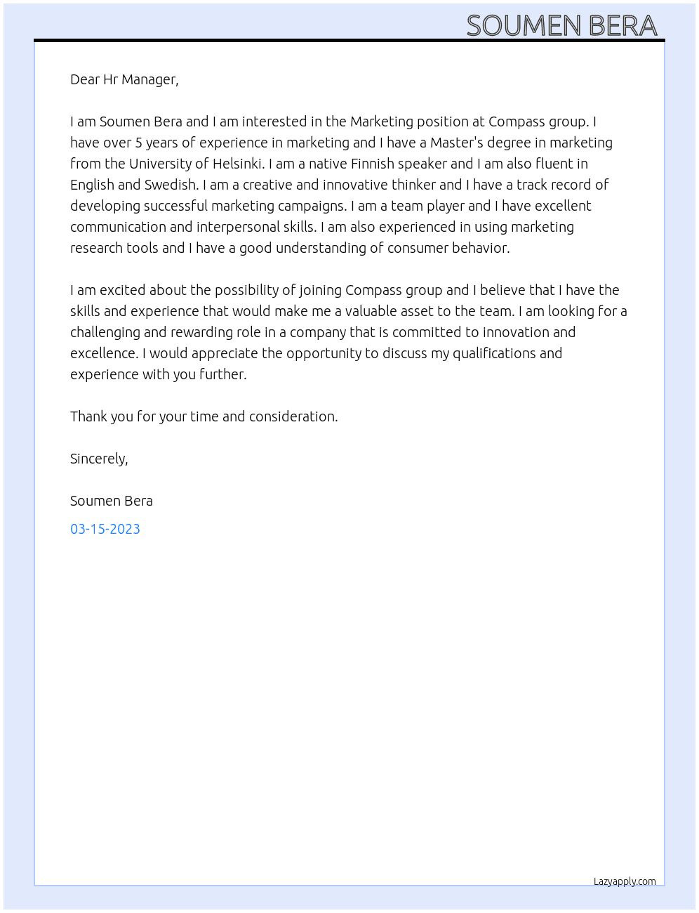 Marketing  At Compass group  Cover Letter