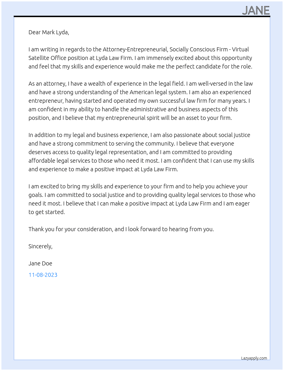 Attorney-Entrepreneurial, Socially Conscious Firm - Virtual Satellite Office At Lyda Law Firm Cover Letter