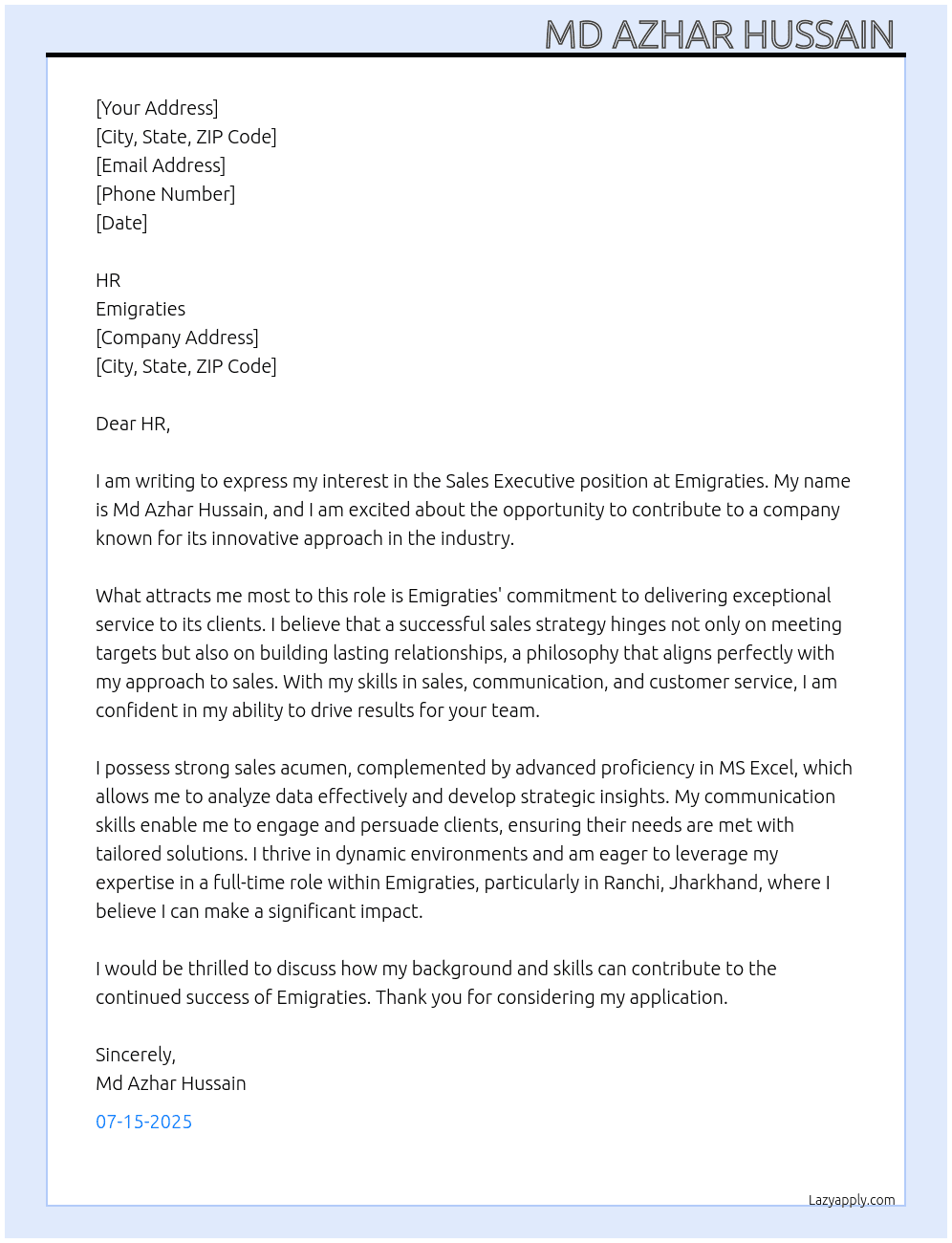 Sales executive  At Emigraties  Cover Letter
