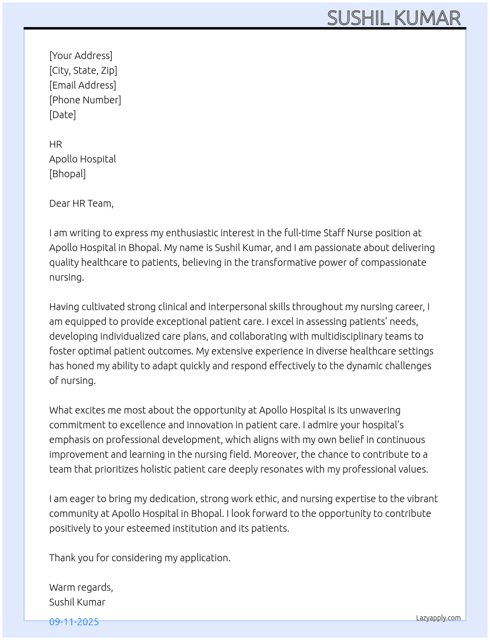 Staff nurse  At Apollo hospital  Cover Letter