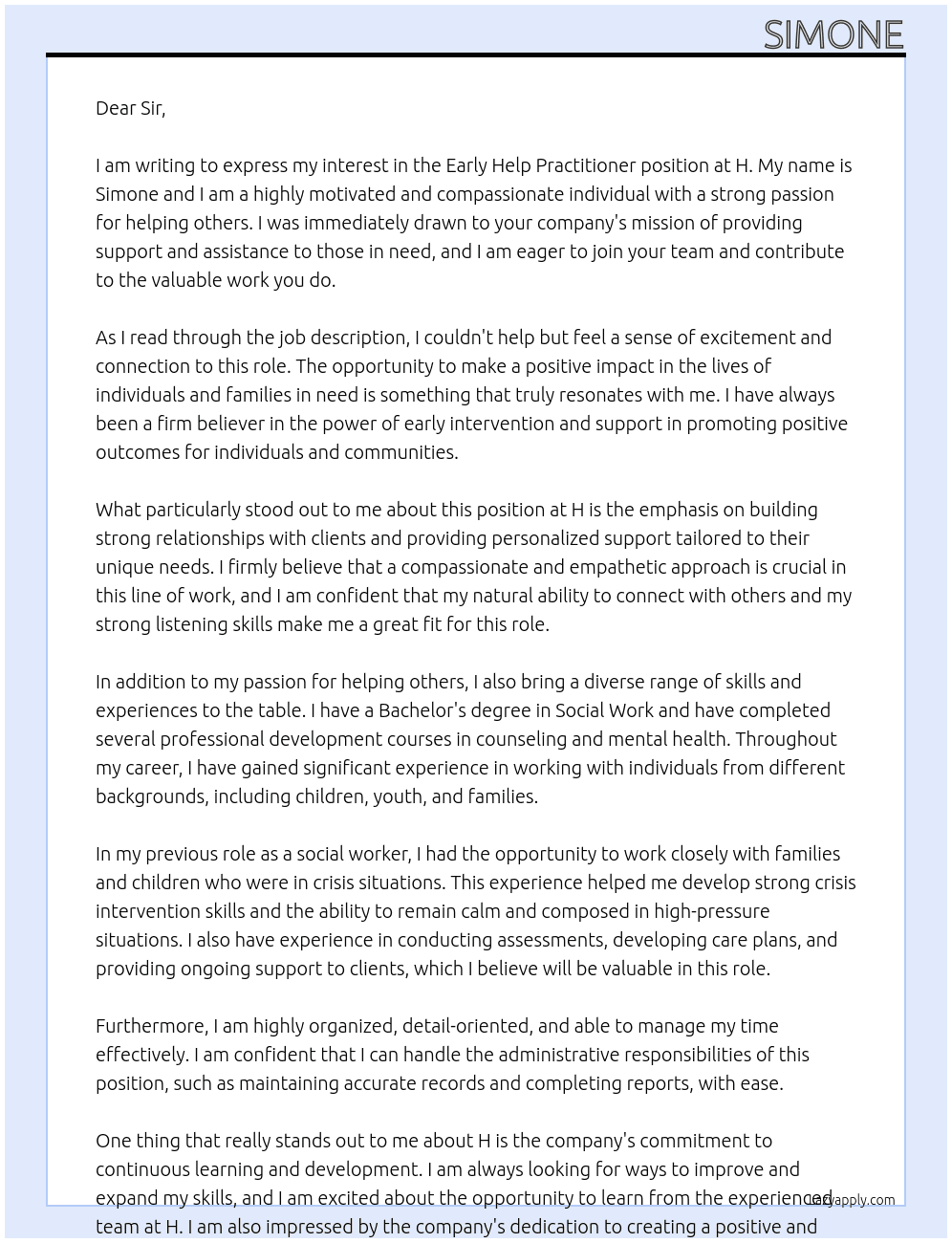 Cover letter for early help practitioner - LazyApply