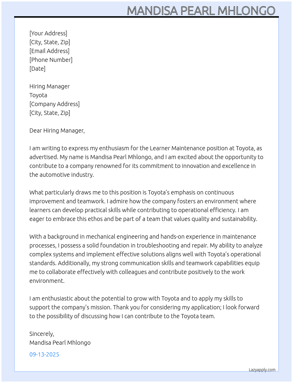 Learner Maintenance  At Toyota  Cover Letter
