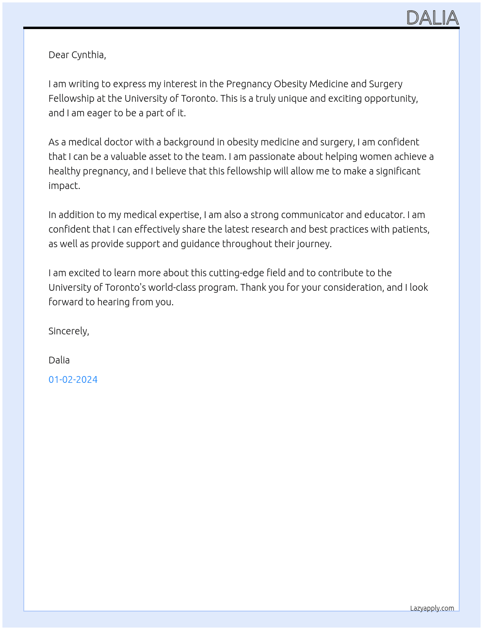 Pregnancy Obesity Medicine and Surgery Fellowship  At University of Toronto  Cover Letter