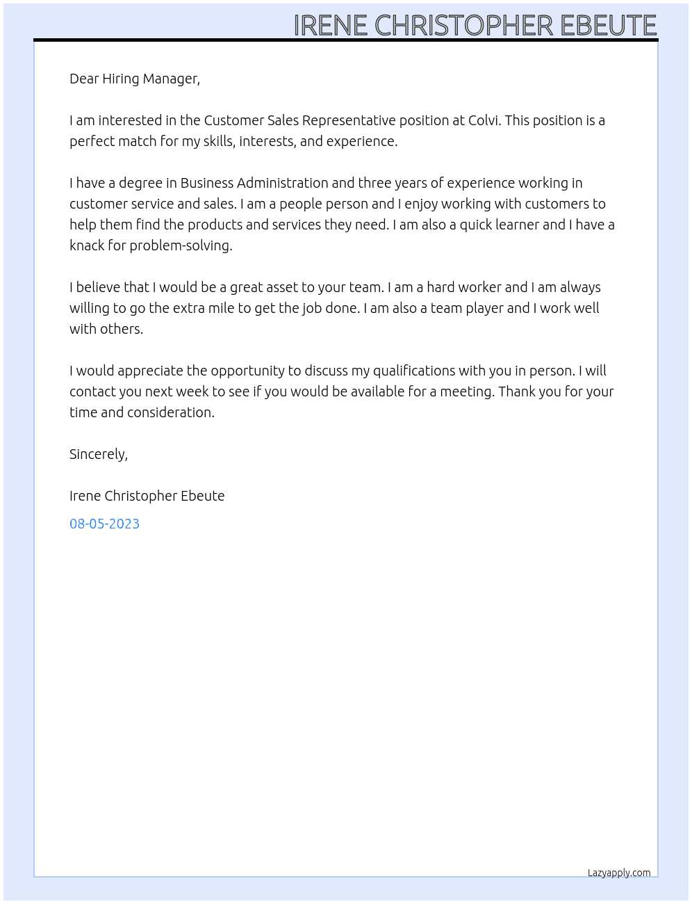 Customer Sales Representative  At Colvi Cover Letter