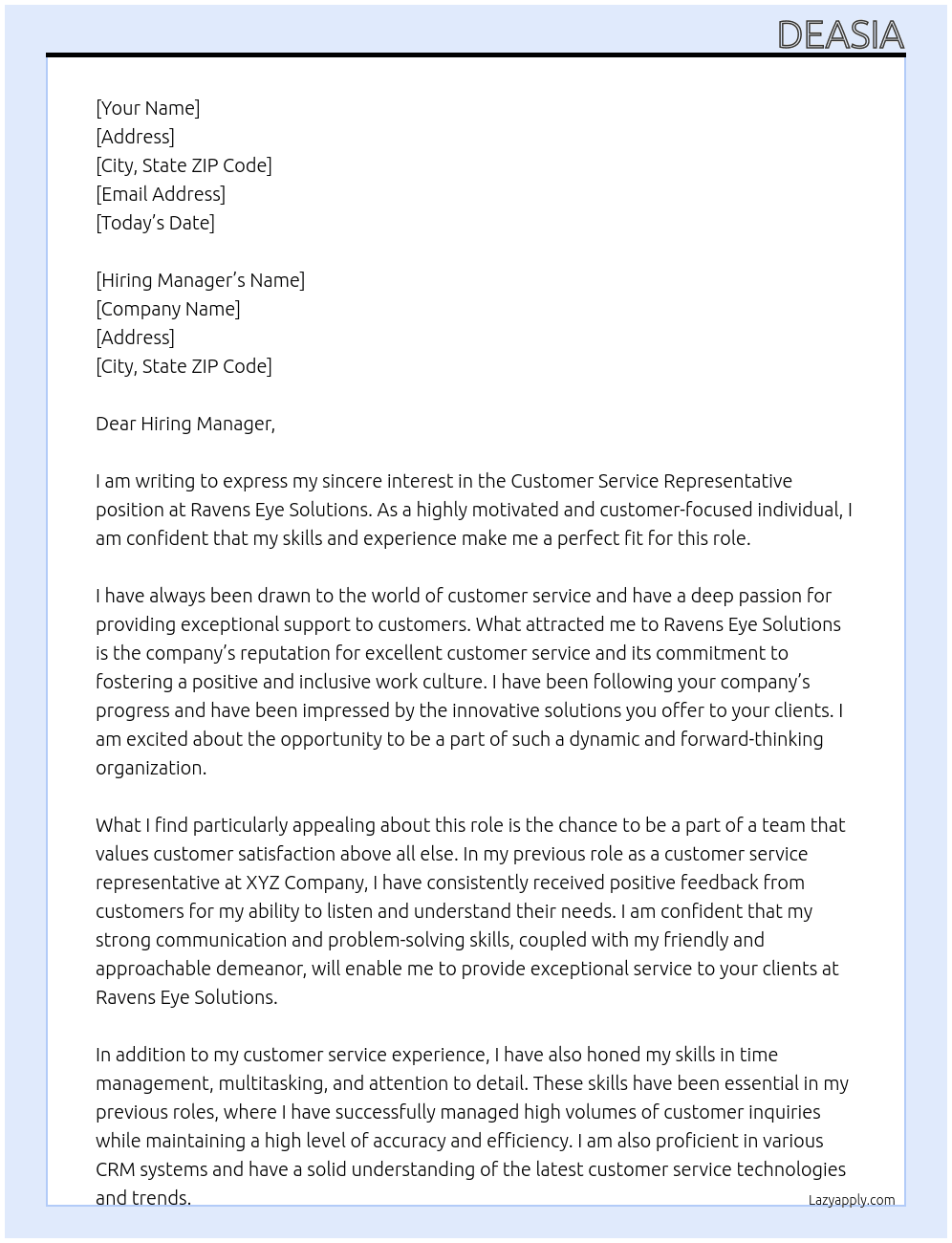 Customer service representative  At Ravens Eye Solutions Cover Letter