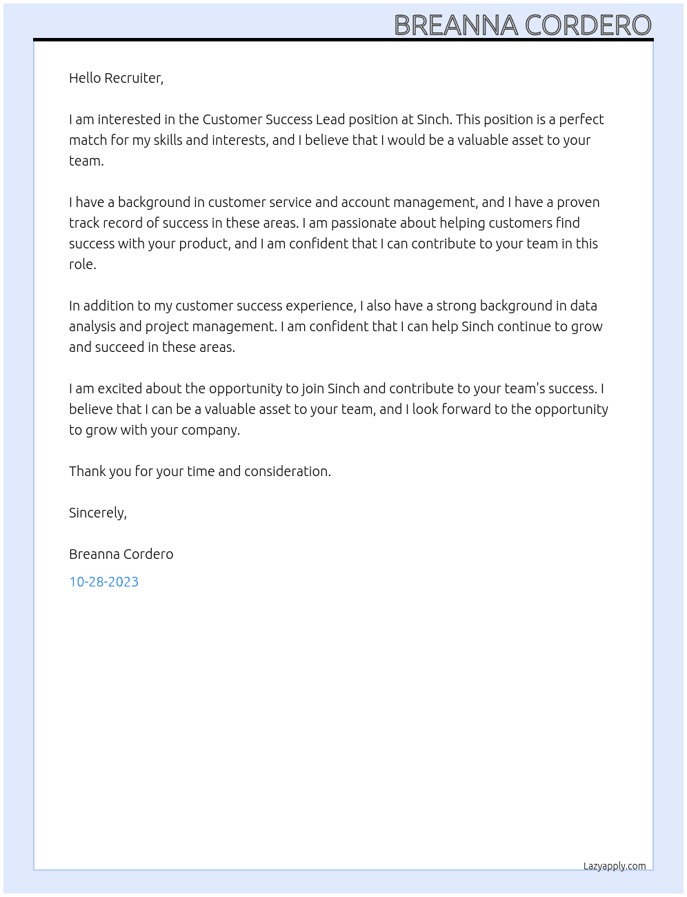 Customer Success Lead At Sinch Cover Letter
