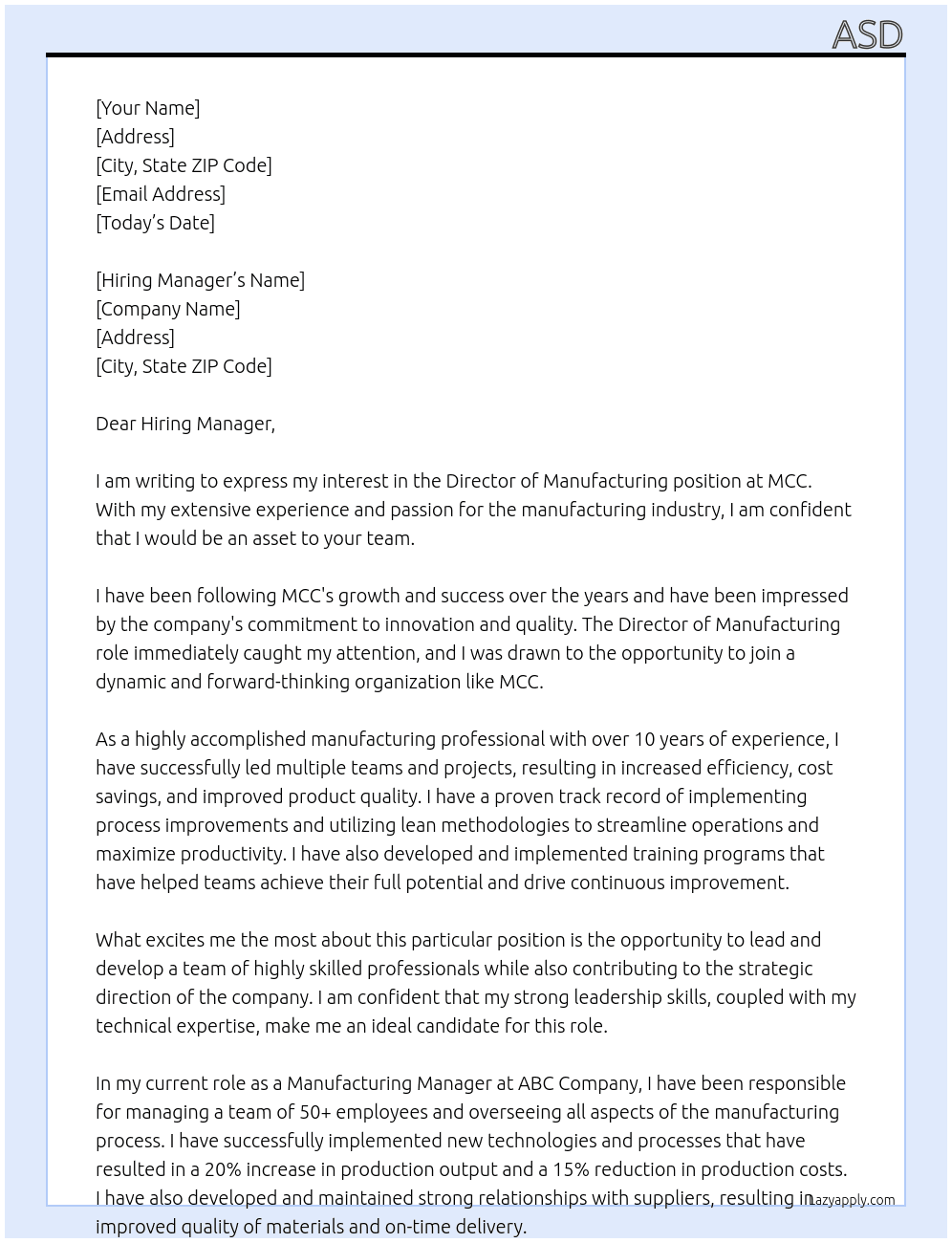 Director of Manufacturing At MCC Cover Letter