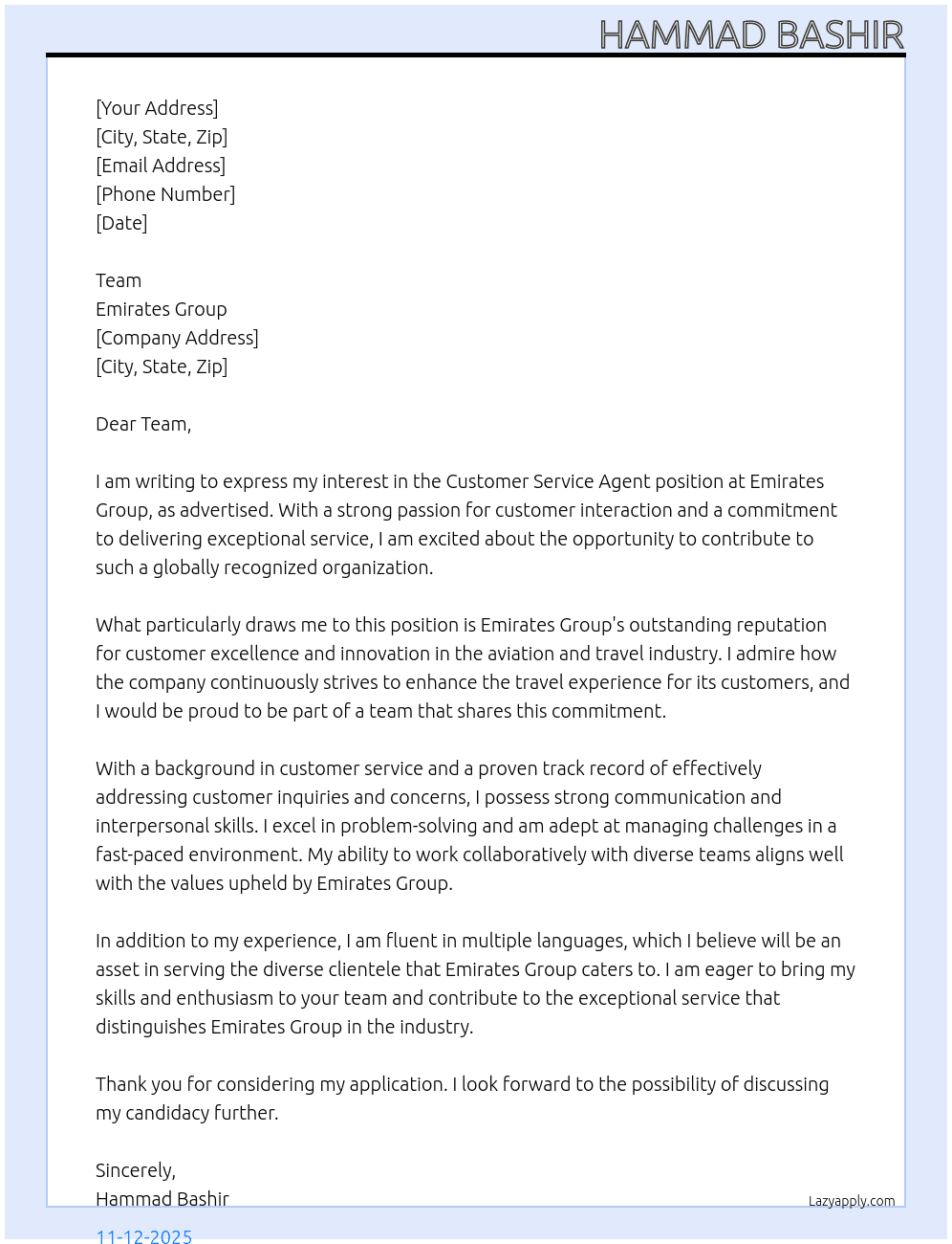 Customer service agent  At Emirates Group  Cover Letter