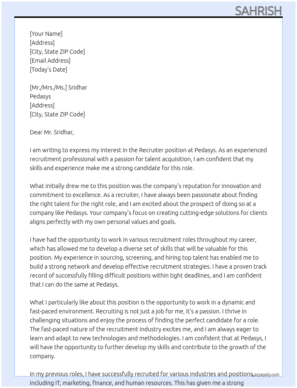 Recruiter At Pedasys Cover Letter